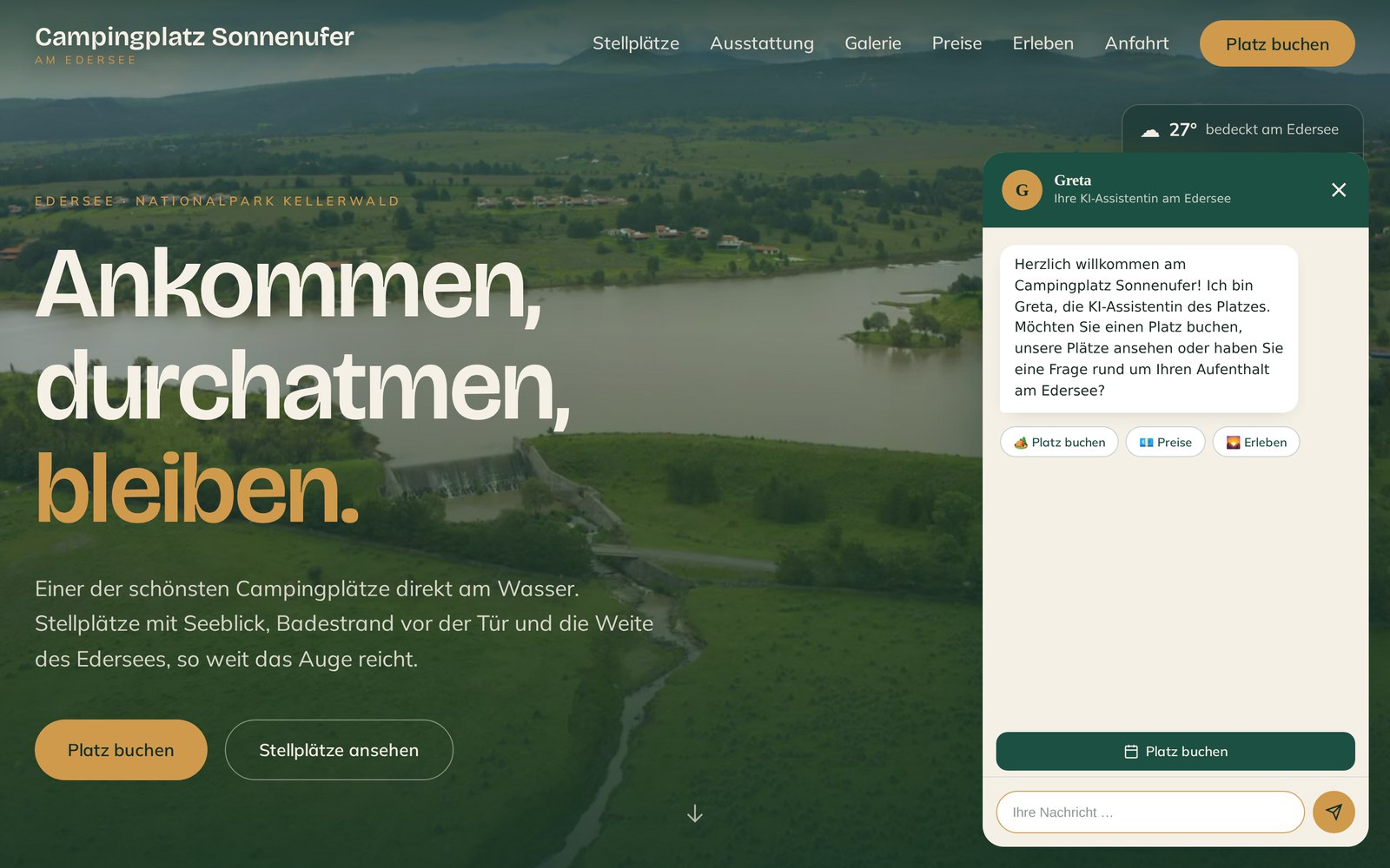 Vorschau der Campingplatz-Demo mit geöffnetem Chatbot