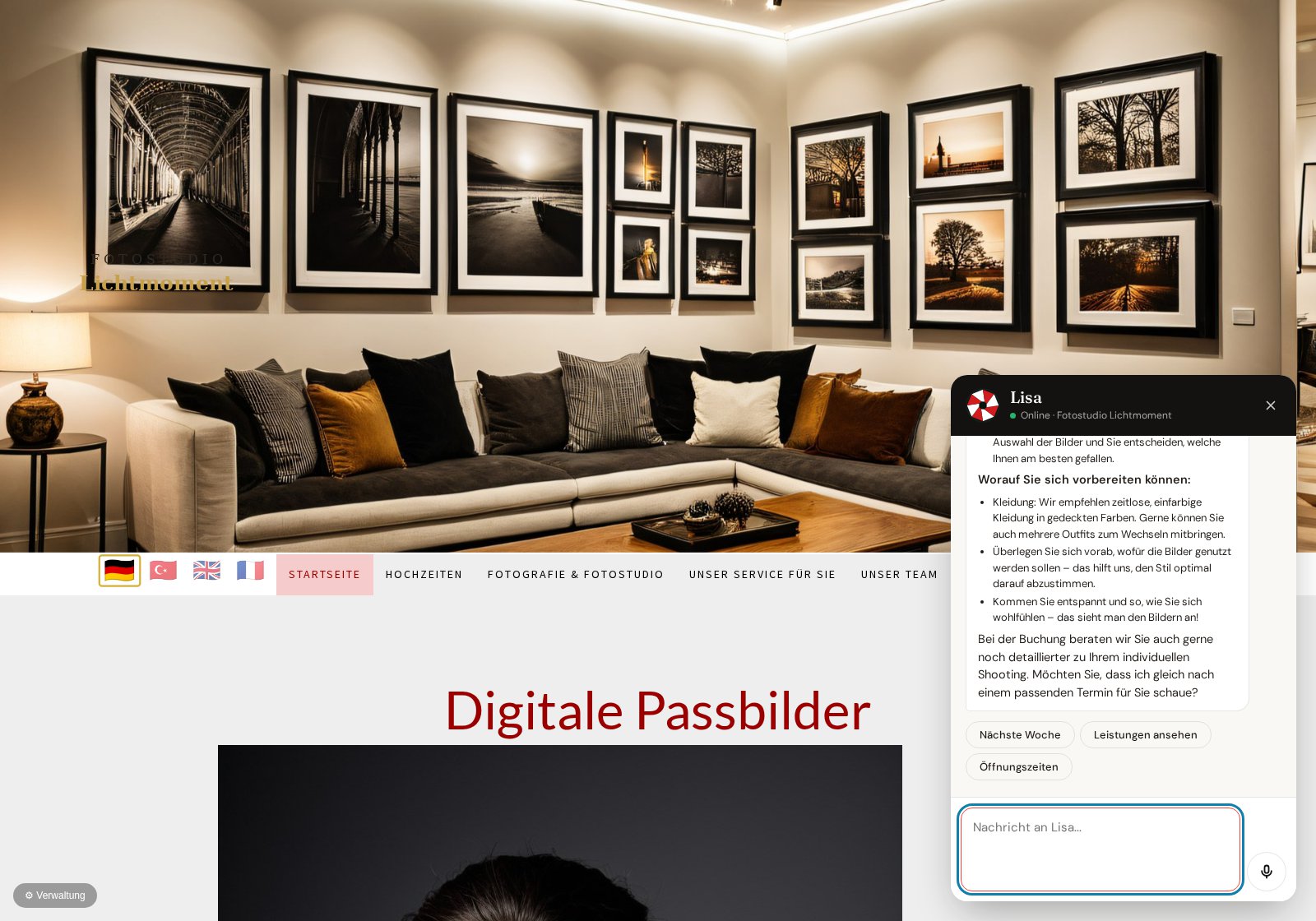 Vorschau der Fotostudio-Demo mit geöffneter KI-Assistentin Lisa