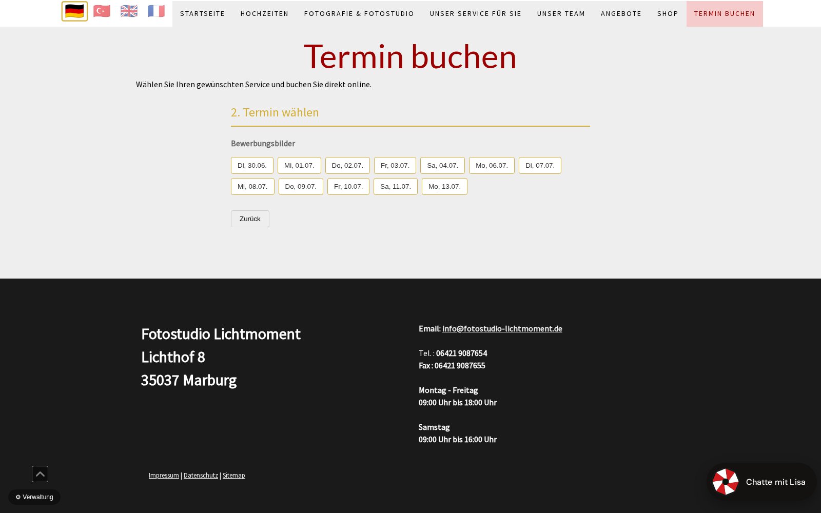 Online-Terminbuchung mit Service-Auswahl und Datumsraster