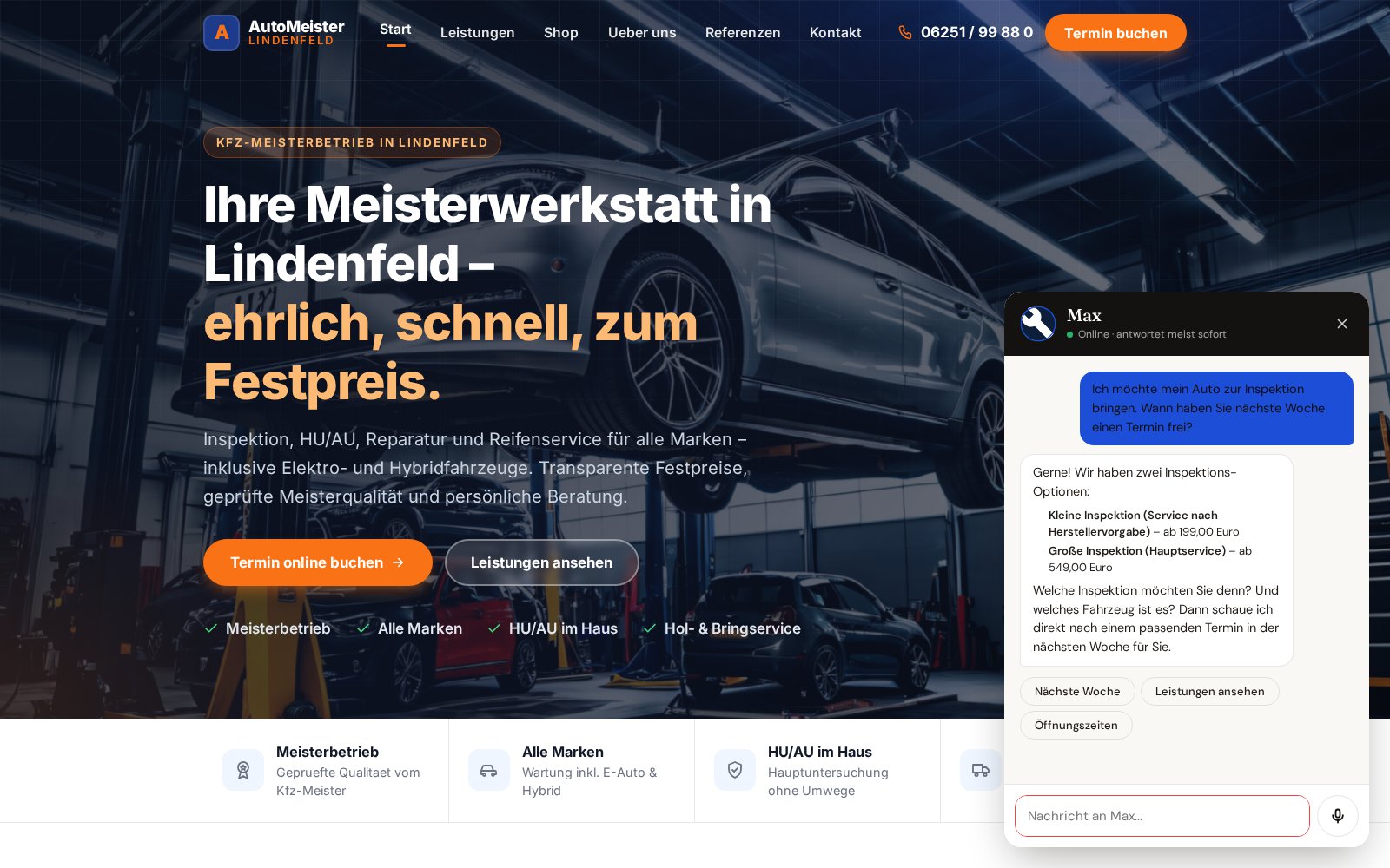 KI-Serviceberater Max nennt im Chat Inspektions-Optionen mit Preisen