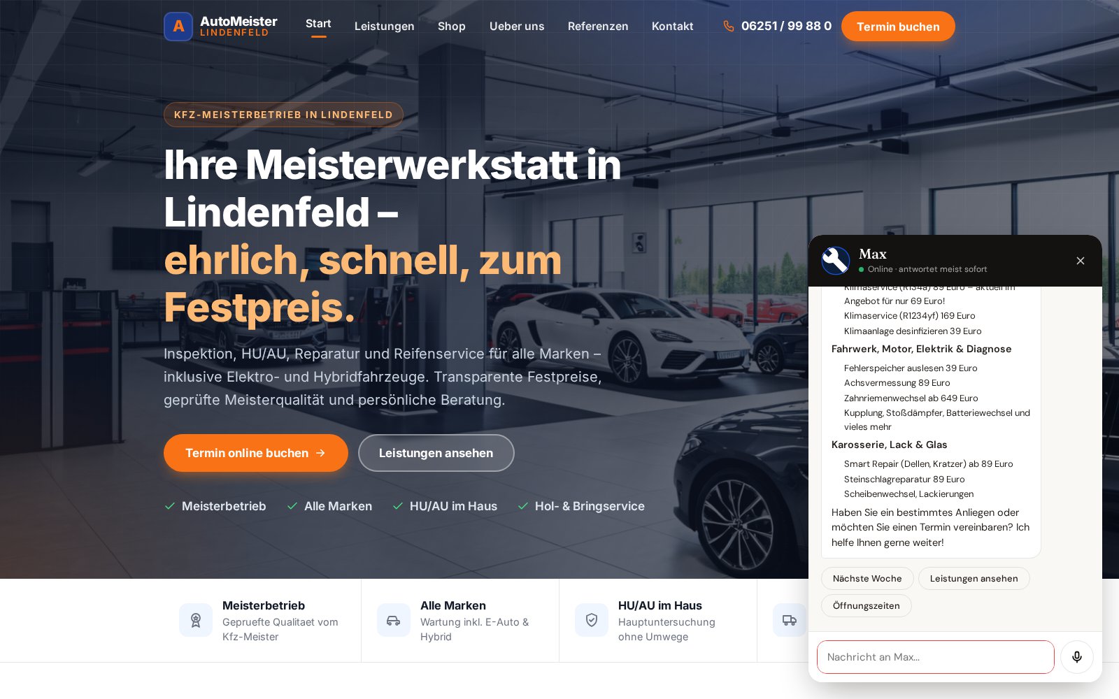 Vorschau der KFZ-Werkstatt-Demo mit geöffnetem Chatbot Max