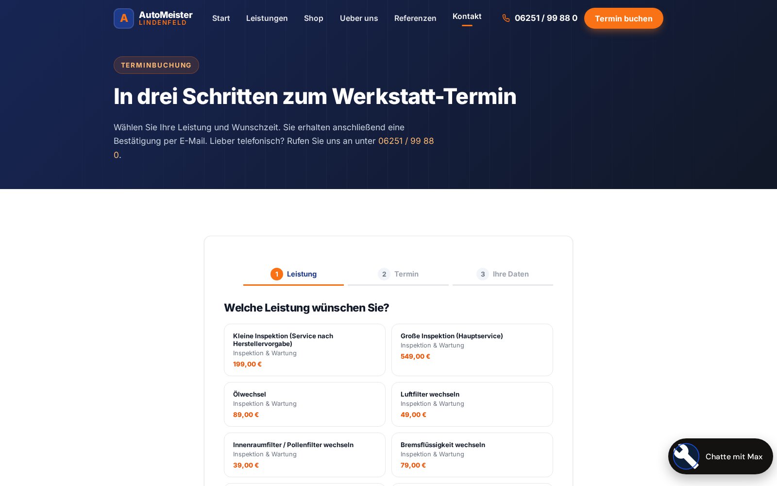 Online-Terminbuchung mit Leistungs-Auswahl und Festpreisen